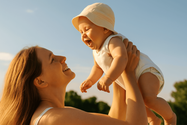 “Mamma con bambino piccolo in un parco soleggiato, entrambi protetti dal sole con cappellino e abiti chiari”
