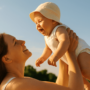 “Mamma con bambino piccolo in un parco soleggiato, entrambi protetti dal sole con cappellino e abiti chiari”