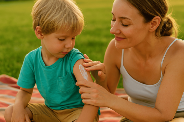 Mamma che applica una crema idratante sulla pelle del bambino dopo una giornata al sole